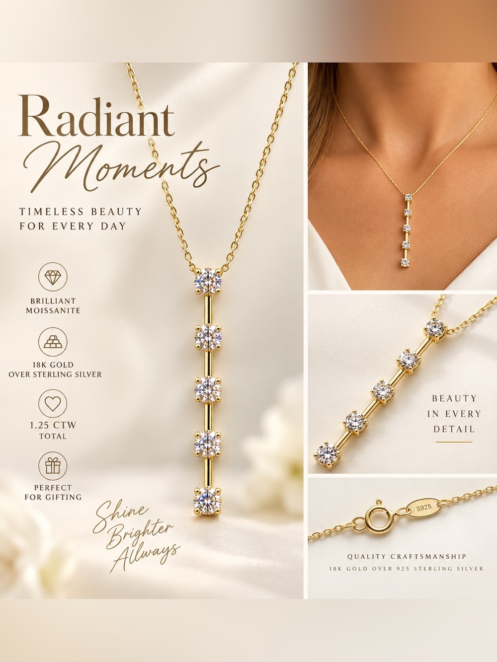 Moissanite Radiant Moments Gold Vertical Pendant Necklace
